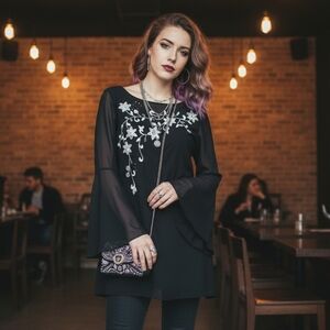 JS Collections Black Tunic Dress w/ Slip & Bell Sleeves - Vintage